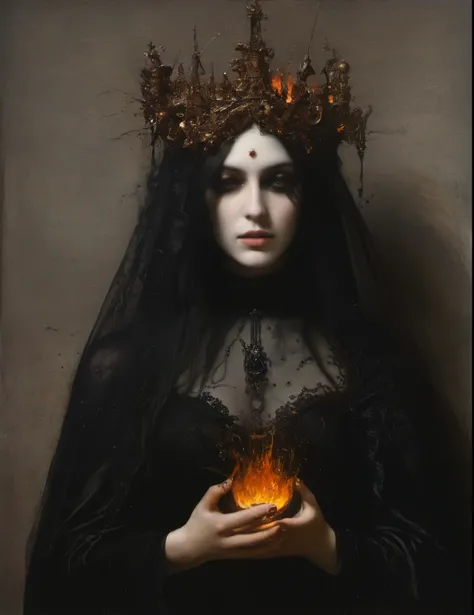 James Gurney, Surrealist art , dream-like, Mysterious, Provocative, symbolic, Complex, detailed,, (Gothic but very beautiful:1.4), (masterpiece, highest quality:1.4) , Nicola Samori Style, fire