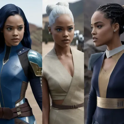 in a star wars sequel, tessa thompson inspired, rey, tessa thompson, movie screenshot from star wars, portrait of ororo munroe, ...