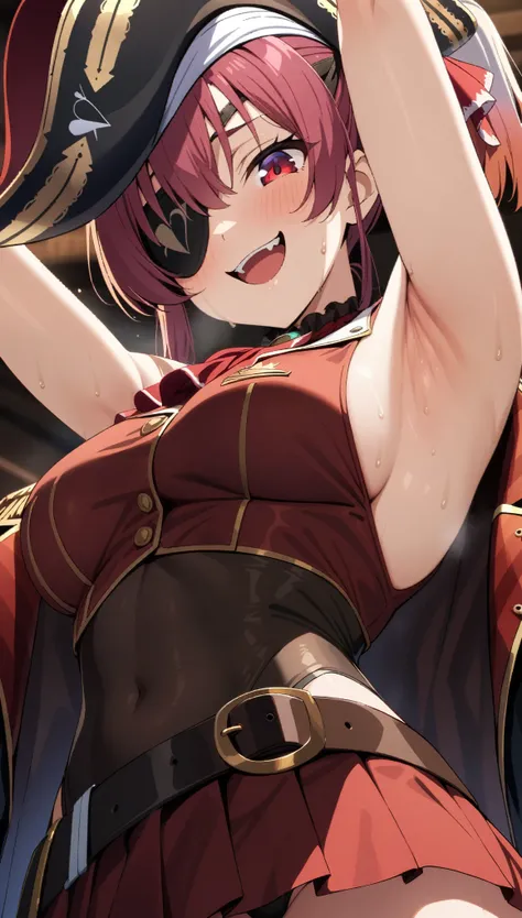 (masterpiece:1.2), hyper detail, best quality, (intricate_details:1.1), beautiful detailed, beautiful hair, solo, 1girl,((ANIME COLORING)),marine_pirate, hair ribbon, red ascot, belt, leotard under clothes, covered navel, black leotard, sleeveless, black c...