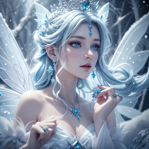 Fairy princess, snow, ice, icy breath, mist breath, ice blue, rings, skin, fantasy art style, 8k resolution