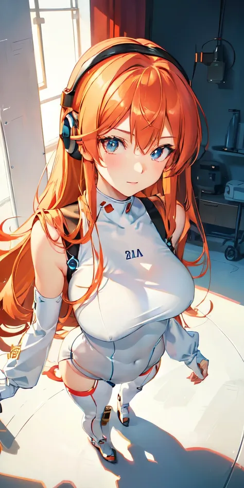 (Overhead view),dynamic angle,ultra-detailed, illustration, close-up, straight on, 1girl, 
 ((souryuu asuka langley, interface headset, red bodysuit:1.4, blonde)),Her eyes shone like dreamy stars,(glowing eyes:1.233),(beautiful and detailed eyes:1.1),(expr...