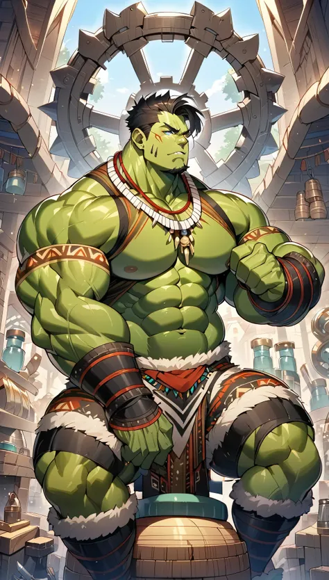 masterpiece, solo, high quality, solo male, (((Male))), random sitting pose, (((detailed face))), (((defined eyes))), detailed eyes, Blue eyes, (((baby blue eyes))), (((sitting in a Head Of House seat))), ((anime style male)), green skin, ((big bottom tusk...