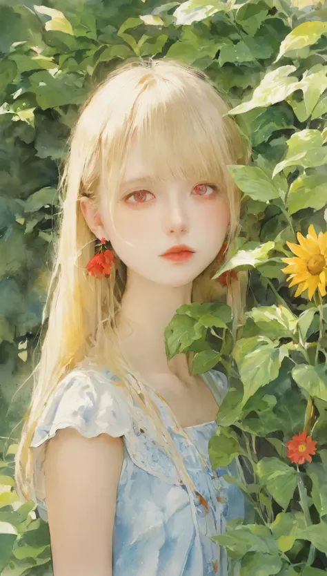 (watercolor:1.2),one girl, alone, flower, portraiture, leaf, bangs, sign, blonde, long hair, red eyes, flower earrings