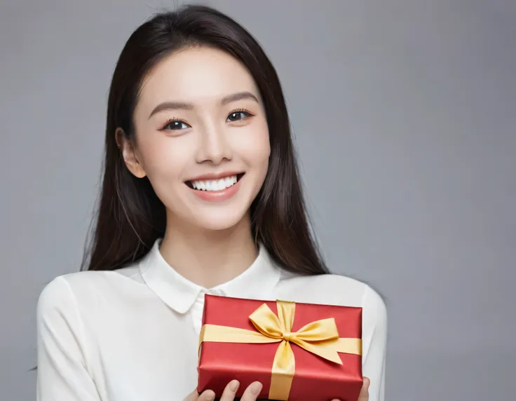 a beautiful young woman, receiving a gift,Natural eyes,happy,Nice smile,Upper body photo