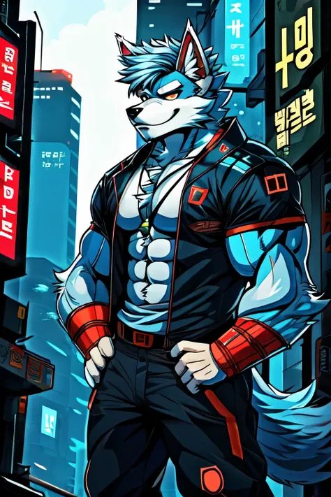 hairy,fur, pure, anthropology, male, the strong,Solitary, clothing, fur, 2024,, No top, There are eyelids，Cyberpunk city background，Blue-white hair，Werewolf，short hair，Japanese comic style，Muscle lines，Korean comic style，warrioerce