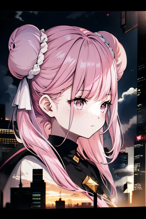 anime,silhouette,One girl, star (null), cloud, cityscape, building, city, Outdoor, nullscraper, city lights, night, night null, sunset, nullline, (Hair Ribbon:0.4),(((White bun hair))),(((Long pink hair))),