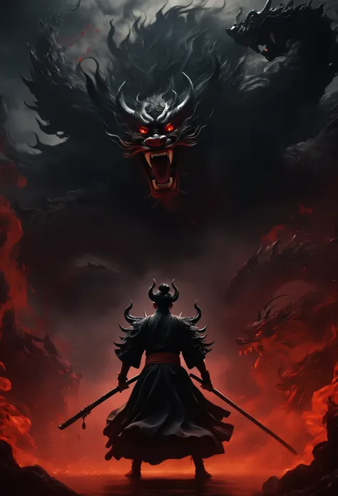 hell demon, black-scaled youkai, hell scenes in chinese legends, extremely terrifying, zhang yimou&#39;s style, the image is bri...