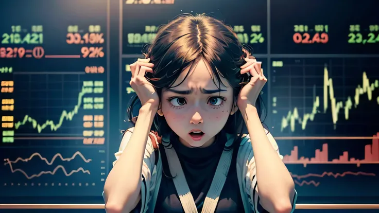 In the background, a full-screen exchange chart、A frustrated woman holding her head、The girl is standing with her head in her hands, the background of which is filled with candlestick charts of a major stock market crash、Ghibli
