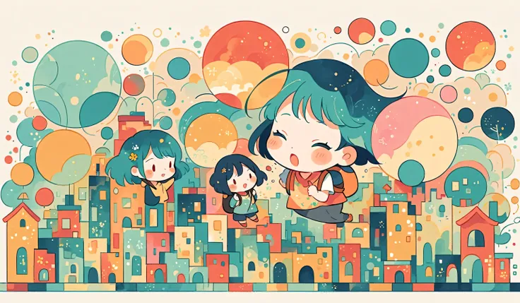 Hayao Miyazaki style, Standing in front of a high wall，Girl with backpack on rooftop，My backpack is full of happy spring，Simple Line Initialism，Abstract art，Urban Background, (((The most beautiful girl))), (((chibi)))