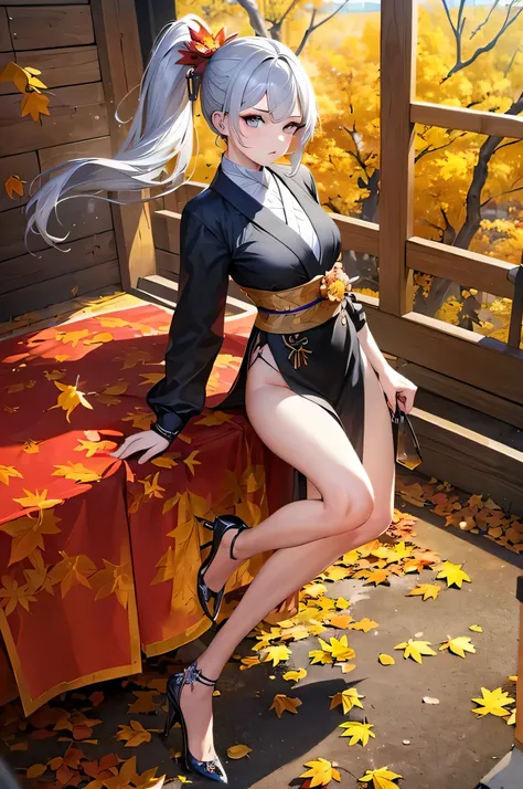 (masterpiece,best quality,ultra detailed,ultra high res,8k),1girl,hands behind,Slim Body,Tall Body,ninja,sigh,side ponytail,silver hair,flower kanzashi,looking at viewer,Button Nose,high heels,Low-angle,Sunny,autumn leaves