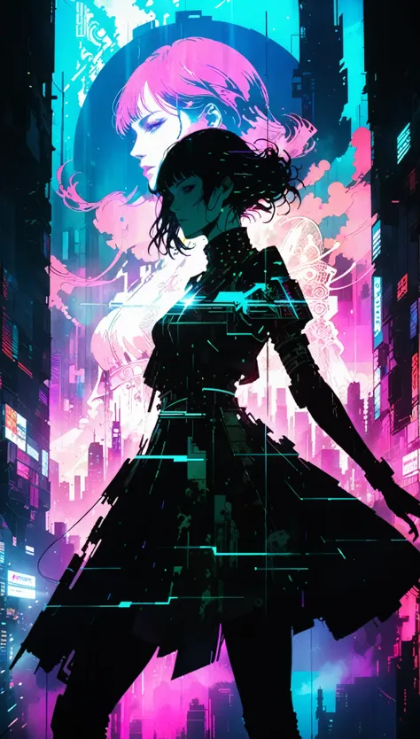 in style of Harry Clarke,(in style of Ashley Wood:1.4),
(double exposure:1.6),1 huge silhouette of a girl and eerie projection of a battle city,thrilling footage exposed,cyberpunk vaporwave,holographic projection,(posing，Dynamic Action:1.23),