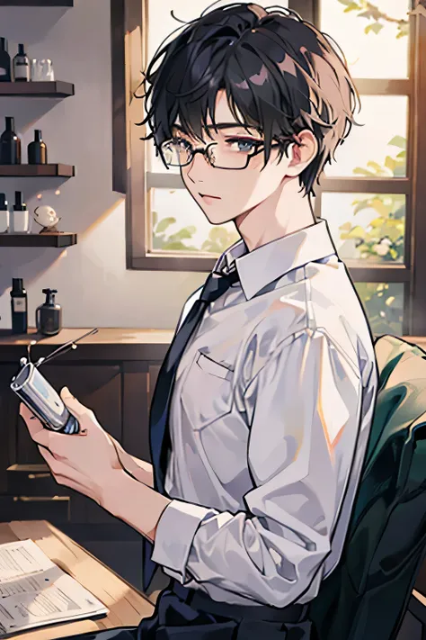 Male 、A dark-haired、short-haired、eye glass、White shirt、Holding shampoo in hand、The location is a beauty salon