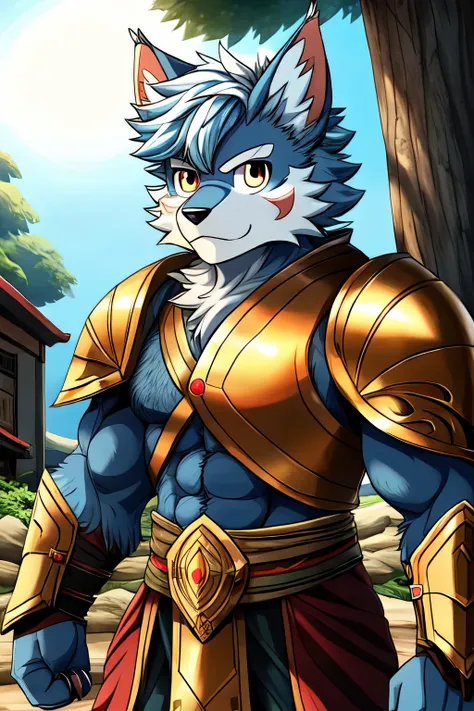 hairy,fur, pure, anthropology, male, Hand-drawn，the strong，Solitary，armor，fur, There are eyelids，RPG background，Blue-white hair，Werewolf，Short hair，Japanese Anime，Muscle lines，warrioerce，Shorter ears，Gentle，sunny，General