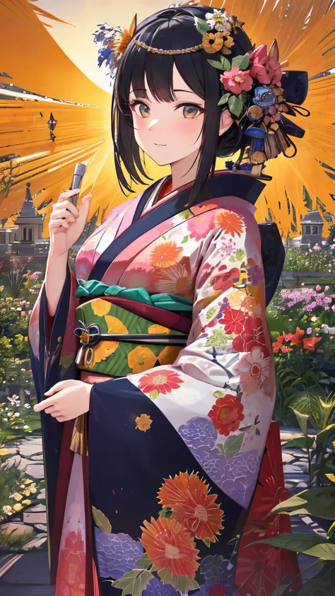 ((highest quality)),(Ultra-high resolution),(Very detailed),(Detailed Description),((The best CG)),(A masterpiece),Ultra-detailed art,Amazing drawing art,(Art with precise detail:1.5), (A long-sleeved kimono with a vibrant floral pattern and detailed depic...