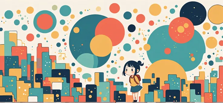 Hayao Miyazaki style, Standing in front of a high wall，Girl with backpack on rooftop，My backpack is full of happy spring，Simple Line Initialism，Abstract art，Urban Background, (((The most beautiful girl))), (((chibi)))