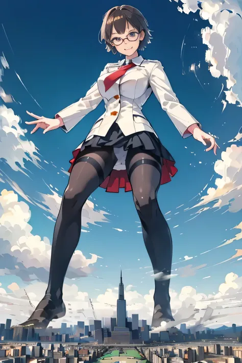 giantess art, highly detailed giantess shots, giantess, Two legs, Five fingers, short hair, A gigantic high school girl who is taller than a skyscraper, Wearing rimless glasses, smile, Big Breasts, Navy blazer, Red tie, mini skirt, Black Pantyhose, black p...