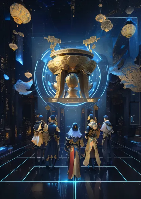 5 people surrounding a golden tripod, Three men and two women, we go deep into the virtual universe, The encrypted metaverse, Computers and holograms, Hologram of the Chinese cultural relic Golden Tripod, Museum Background, virtual metaverse room,Chinese a...