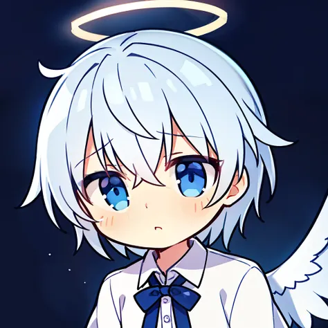 a boy，Angel halo on head，Frightened expression，Fearful expression，Blue Eyes，Gray Hair