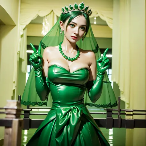 Emerald tiara, Green Pearl Necklace, Boyish very short green hair, lipstick, Woman in her 30s Japan smiling, Very short hair, Big and beautiful, Green Eyes, Long green satin gloves, Big Breasts, V sign with both hands, Emerald Earrings, Green veil