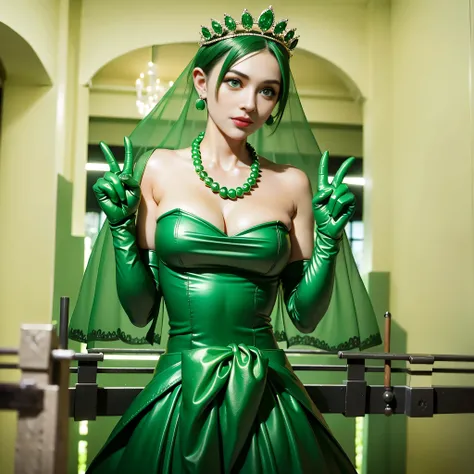 Emerald tiara, Green Pearl Necklace, Boyish very short green hair, lipstick, Woman in her 30s Japan smiling, Very short hair, Big and beautiful, Green Eyes, Long green satin gloves, Big Breasts, V sign with both hands, Emerald Earrings, Green veil