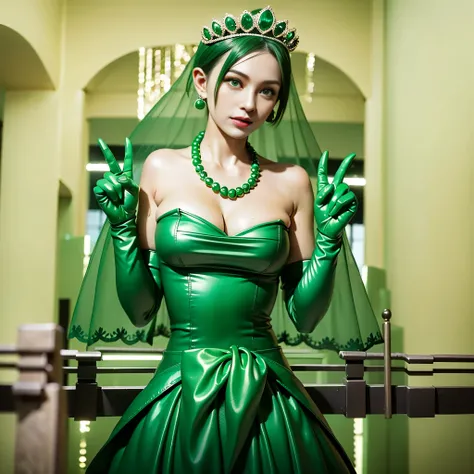 Emerald tiara, Green Pearl Necklace, Boyish very short green hair, lipstick, Woman in her 30s Japan smiling, Very short hair, Big and beautiful, Green Eyes, Long green satin gloves, Big Breasts, V sign with both hands, Emerald Earrings, Green veil