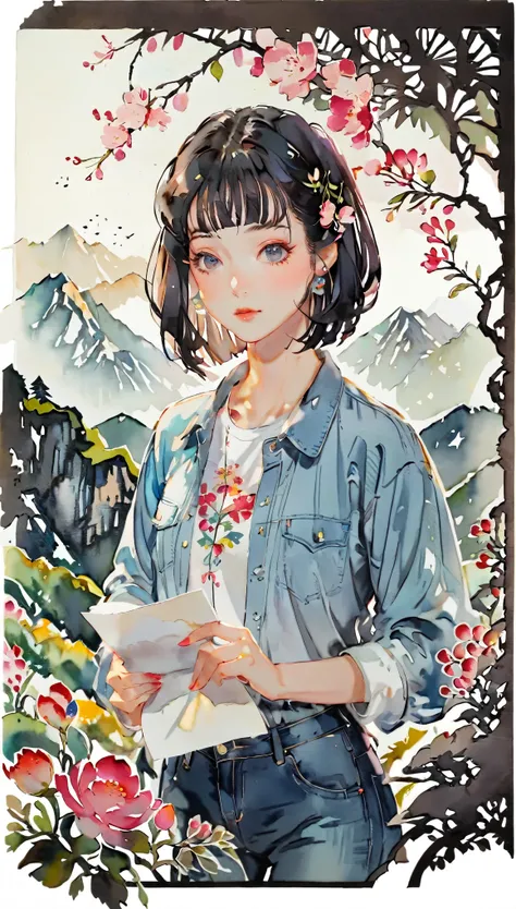 (((paper cutting style))), 1 girl, short black hair, straight hair, portfolio, shirts, denim, mountain