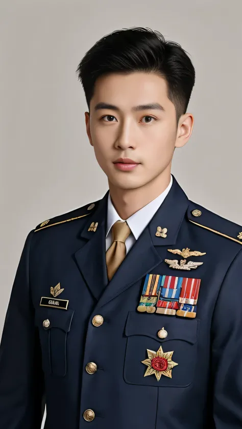 8k,（masterpiece）,Best quality,2d,Asian men,Wearing embroidered guards,Wearing military uniform,yanjun chengt,Wear a full military uniform,officer,Unified background,Wearing a generals uniform,Topless photos,Holding a big red flower,Holding a large red bouq...