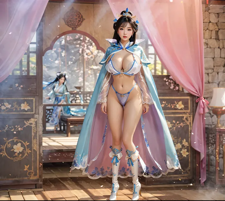 Woman wearing sexy lingerie and cape, full body xianxia, Beautiful fantasy queen, She exhibits sexual arousal and intense desire，sex hunger，Strong sexual desire，Transparent blue and white underwear，Transparent clothes，High-cut bra，Huge breasts，Big Girl，Cha...