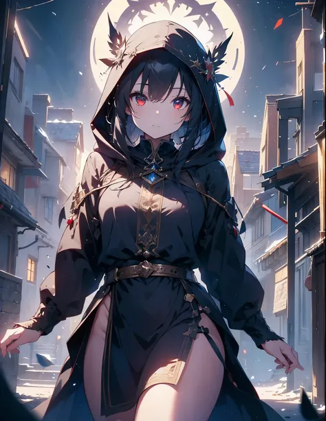 a detailed assassin girl in a medieval european town, beautiful detailed eyes and face, longeyelashes, wearing a hooded assassin...