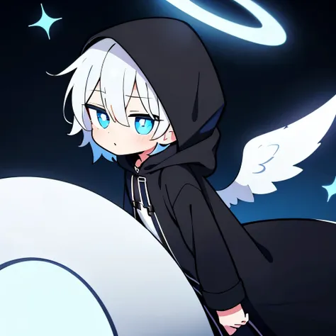 One boy, alone, Short Hair, (White Hair, Blue eyes with vertical pupils), Angel Halo, Black long coat, Black fur hood, Angel&#39;s wing, Vertical scar, Right eye is hidden, Performance, Sharp teeth, Arrogant look