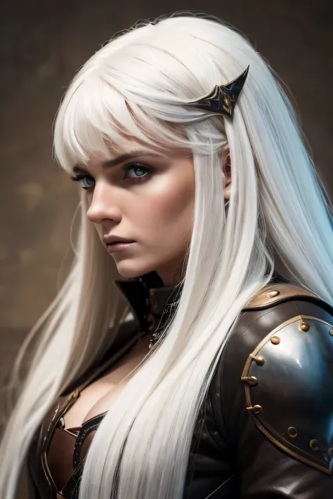 1 female medival fighter, long white hair, wearing leather, 25 years old, absurdres, high res, ultrasharp, 8K, masterpiece, the image should be of absurd resolution and high detail. It should be ultra-sharp and available in 8K resolution, representing a ma...