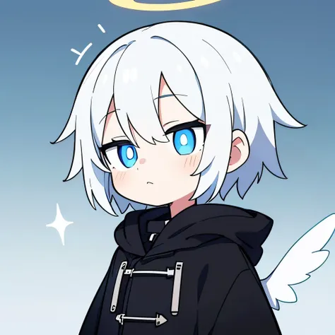 one boy, alone, short hair, (white hair, blue eyes with vertical pupils), angel halo, black long coat, black fur hood, angel&#39...