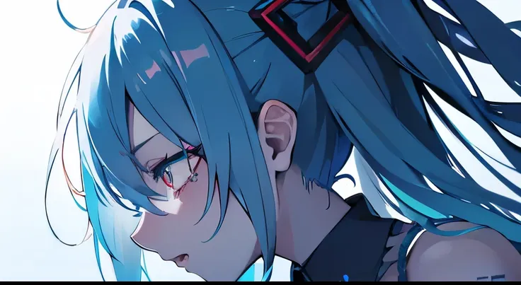 profile、A single flower、A single flower、Blue Face、Blue Skin、Hatsune Miku、zombie、Red eyes、Blue Face、Blue Skin、Blooded,Gray Hair,sad,(Blue Skin:1.1),blue eyes、Hatsune Miku、ruins