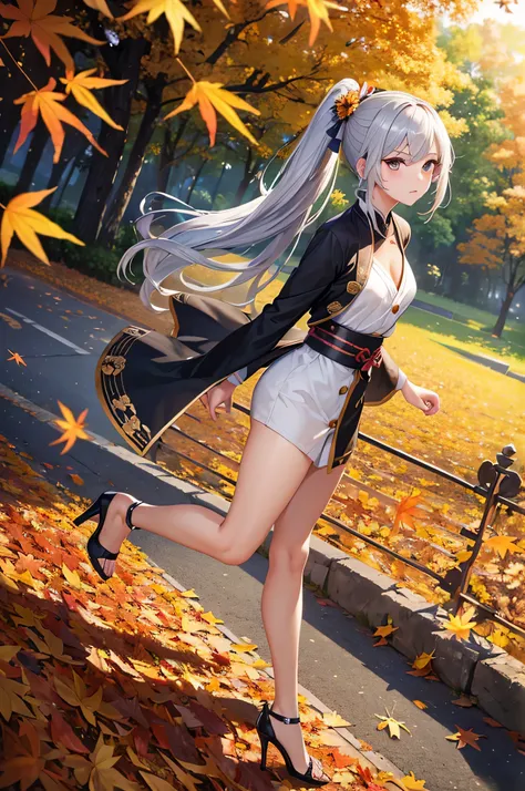 (masterpiece,best quality,ultra detailed,ultra high res,8k),1girl,Slim Body,Tall Body,ninja,sigh,side ponytail,silver hair,flower kanzashi,looking at viewer,Button Nose,high heels,Low-angle,Sunny,autumn leaves