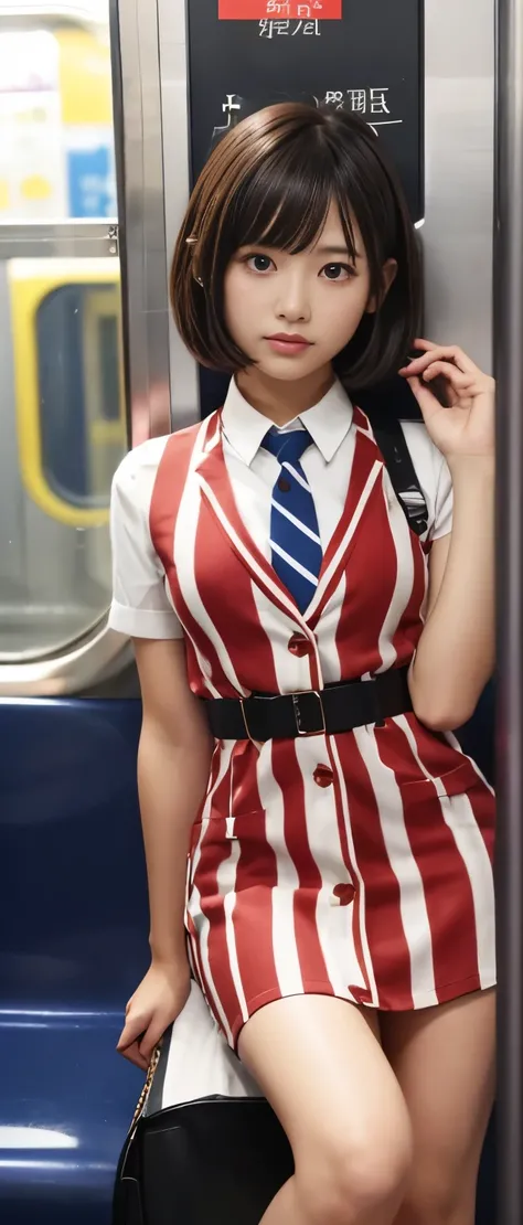 Pure idol girl、whole body、Good style、、、、、、、、、、Tanned thick legs、Inside the train at night、Red Striped Mini Dress、Wearing a tie、、Cross Belt、short hair、Fancy jacket