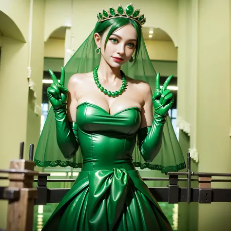 Emerald tiara, Green Pearl Necklace, Boyish very short green hair, lipstick, Smiling Japanese woman, Very short hair, Big and beautiful, Green Eyes, Long green satin gloves, Green Eyes, V sign, Emerald Earrings, Green veil, peace sign, 30-year-old female, ...