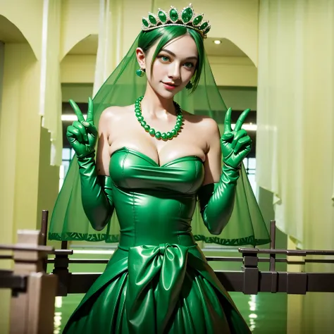 Emerald tiara, Green Pearl Necklace, Boyish very short green hair, lipstick, Smiling Japanese woman, Very short hair, Big and beautiful, Green Eyes, Long green satin gloves, Green Eyes, V sign, Emerald Earrings, Green veil, peace sign, 30-year-old female, ...