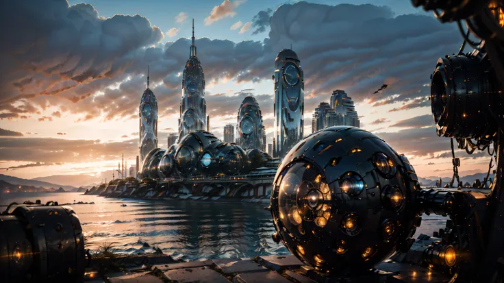 a futuristic city with flying cars and holographic displays, connected by spiral bridges over an ethereal ocean. the sky is a cl...