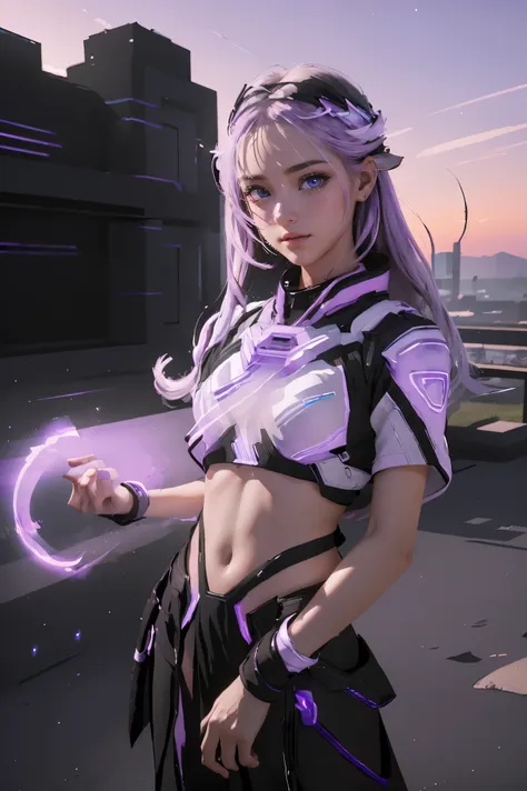 ((masterpiece, best quality, extremely detailed), volumetric lighting, ambient occlusion, colorful, glowing), a boy and a girl, (purple white gradient long hair),  halo, aura, sacred, goddess,, (black outfit:1.3), 
outdoors, sunset, sky, clouds, space, ((a...