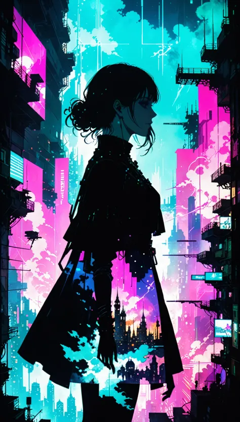 in style of Harry Clarke,(in style of Ashley Wood:1.4),
(double exposure:1.4),1 huge silhouette of a girl and eerie projection of a battle city,thrilling footage exposed,neonpunk vaporwave,holographic projection,