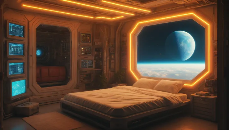 anchespaceroom, escenario, no humanos, cama, science fiction