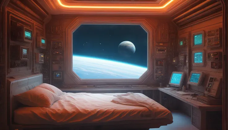 anchespaceroom, escenario, no humanos, cama, science fiction