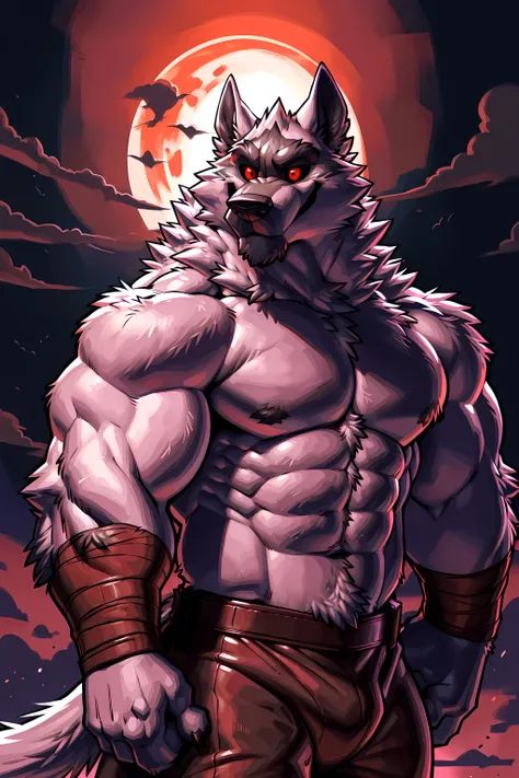 deathwolf, 4k, high resolution, best quality, detailed, posted on e621, solo, anthro body, male, very masculine, (very muscular, strong pectorals, defined muscles, sixpack):1.0, (night background, dark background, big moon, full moon, fog, clouds, backligh...