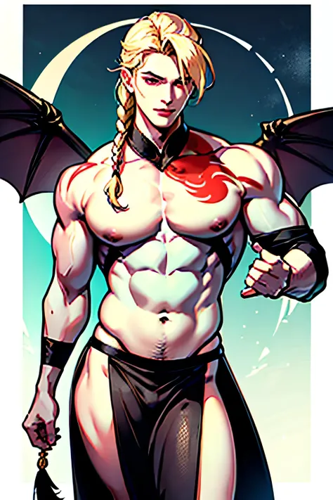 A male succubus，Has waist-length blond hair，Braided into long braids。You have red eyes，You have full、Light lips。 Your torso looks slightly masculine，Have a well-proportioned and muscular body， You have a pair of D cup breasts。On each pointed breast，There i...