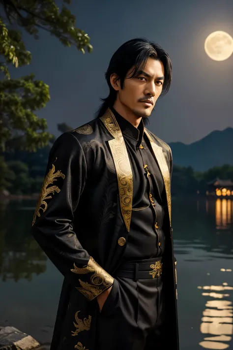 Masterpiece, best quality, outdoor, night, full moon, lakeside, branches, 1 man, mature man, Chinese style, ancient China, black hair, black eyes, forked hair, long hair, long bangs, handsome, handsome, masculine, gentle, tall, calm, black and gold mixed c...