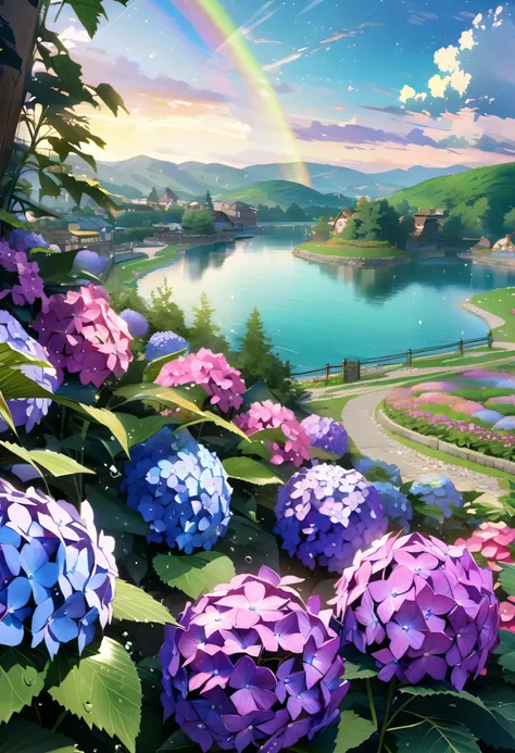 Hydrangea, garden, lake, Small hill, Pebble Road,anime, masterpiece, highest quality, Anatomically correct, Attention to detail, 8k, wallpaper,Water droplets sparkle,after the rain,Rainbow in the sky