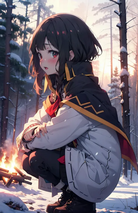 konosubaMegumin, Megumin, short hair, Black Hair, (Red eyes:1.3), short hair with long locks,Smile,blush,White Breath,
Open your mouth,snow,Ground bonfire, Outdoor, boots, snowing, From the side, wood, suitcase, Cape, Blurred, Increase your meals, forest, ...