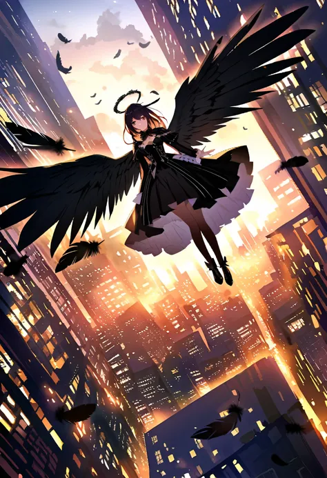 The image depicts a female angel floating above a city at night.。. The city lights shine golden、Create a dramatic atmosphere, Its delicate presence and black feathers contrast with the urban environment.。. Women seem protective and cautious.