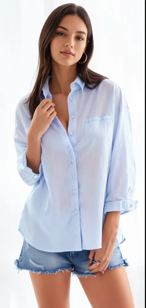 a close up of a woman wearing a blue camisa and denim shorts, wearing a linho camisa, wearing a light blue camisa, button up camisa, wearing a light camisa, blusas largas, blue camisa, button - up camisa, wearing in camisa, collared camisa, linho, summer c...