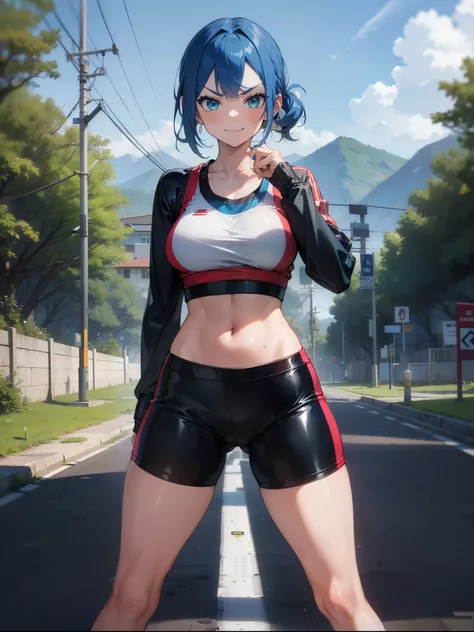 (masterpiece, best quality, detailed), 1girl, solo, looking at viewer, makaidji, blue hair, green eyes,
sportswear, sports bra, ...